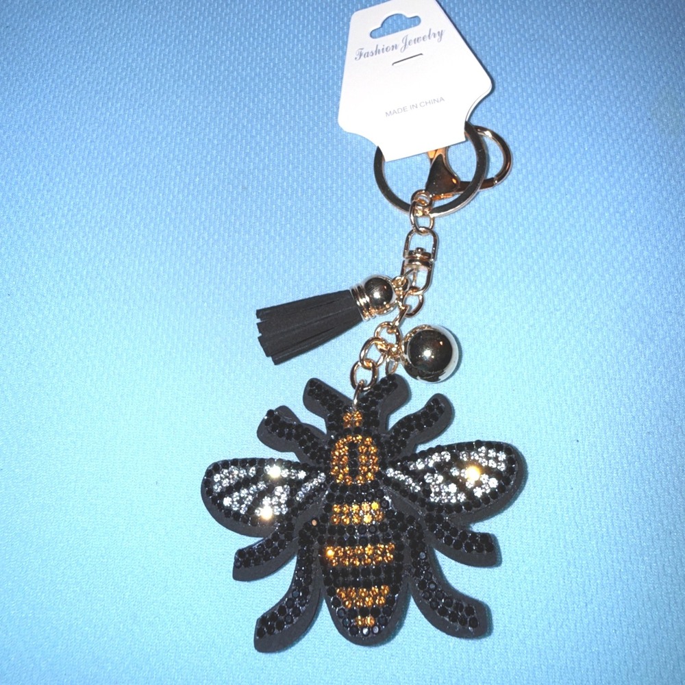 Fashion Jewelry Rhinestone Bee Keychain NEW Black Gold Tassel Charm